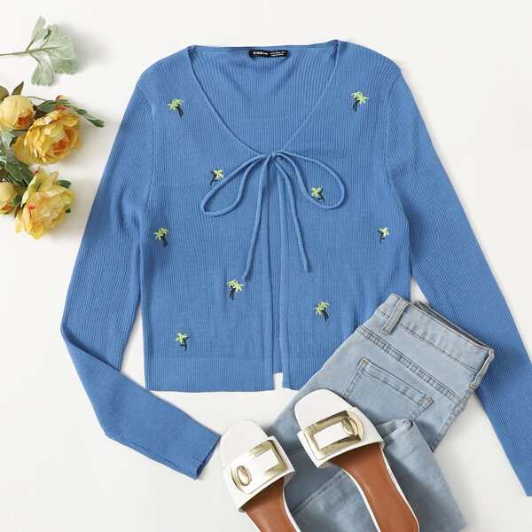 

Tie Neck Embroidery Cardigan, Blue