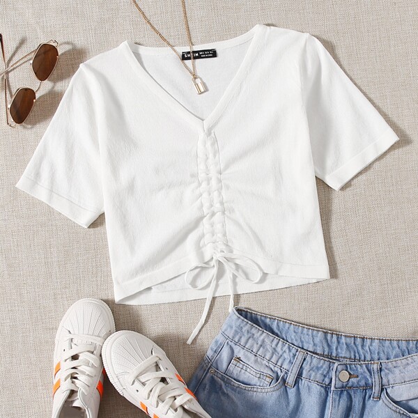 

Drawstring Knot Front Knit Top, White