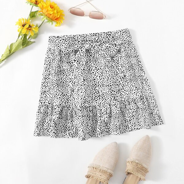 

Self Belted Ruffle Hem Allover Print Skirt, Black and white