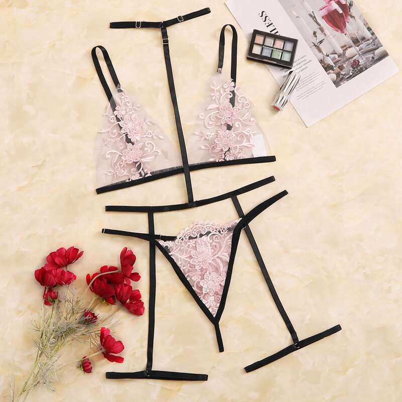 

Floral Embroidery Garter Lingerie Set, Baby pink