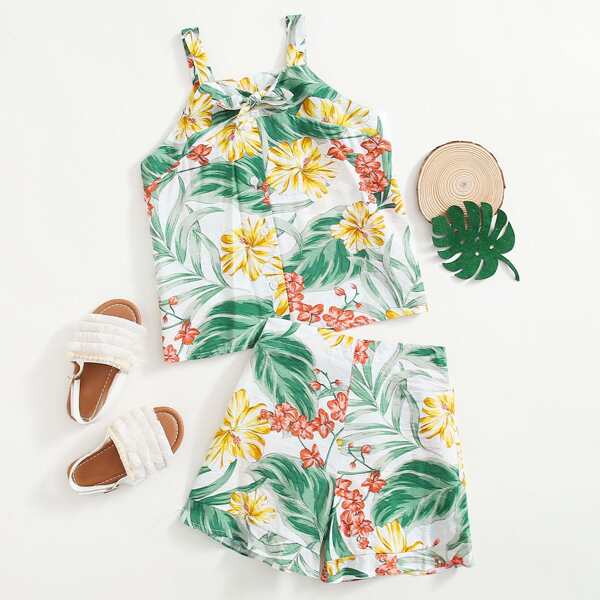 

Girls Floral Print Knot Cami Top With Shorts, Multicolor