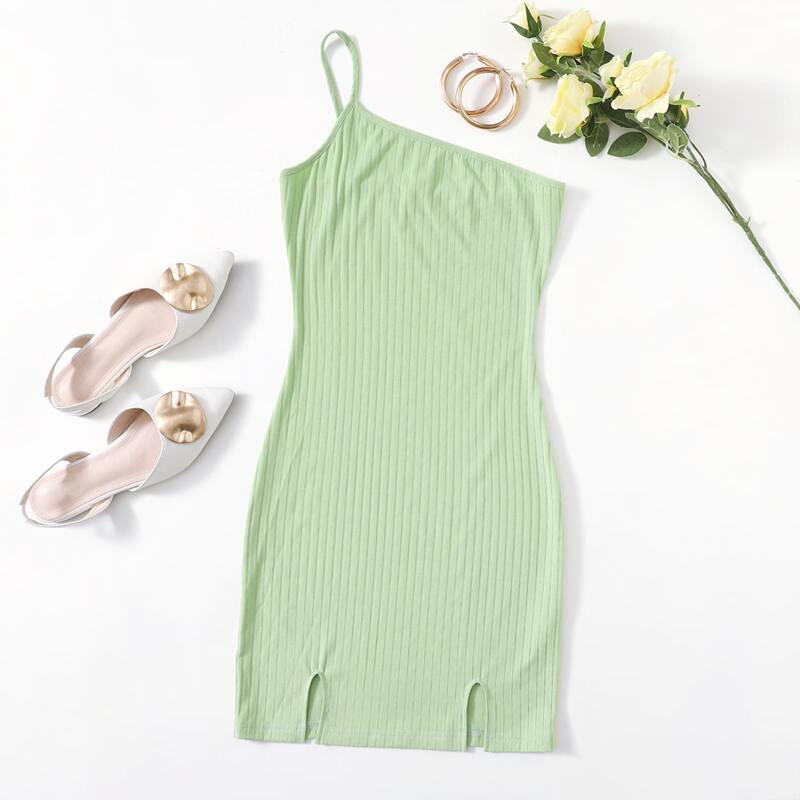 

One Shoulder Split Hem Rib-knit Dress, Lime green