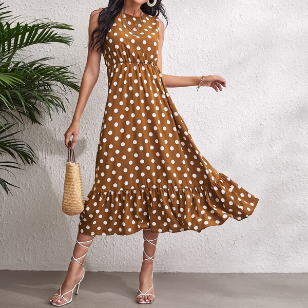 

Ruffle Hem Polka Dot Dress, Brown