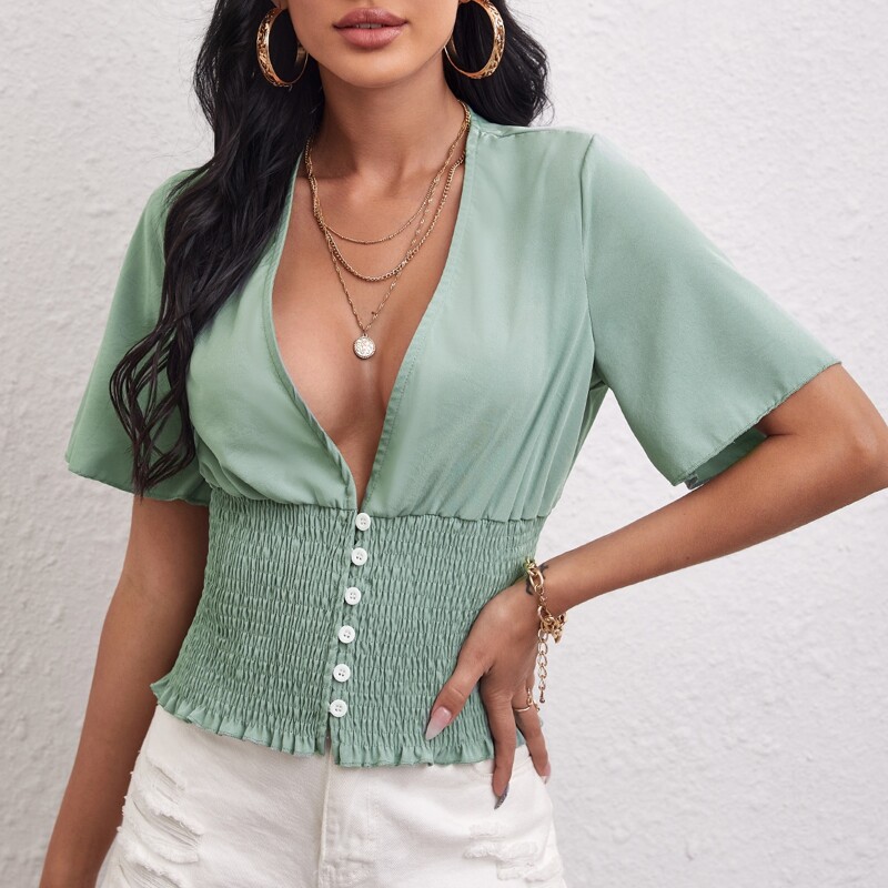 

Plunging Neck Buttoned Shirred Hem Blouse, Mint green