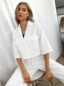 Notched Collar Flap Pocket Front Blouse - White - View 1