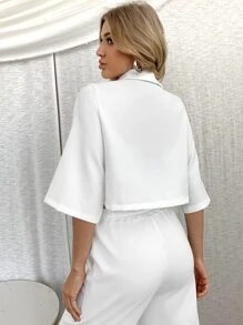 Notched Collar Flap Pocket Front Blouse - White - View 2