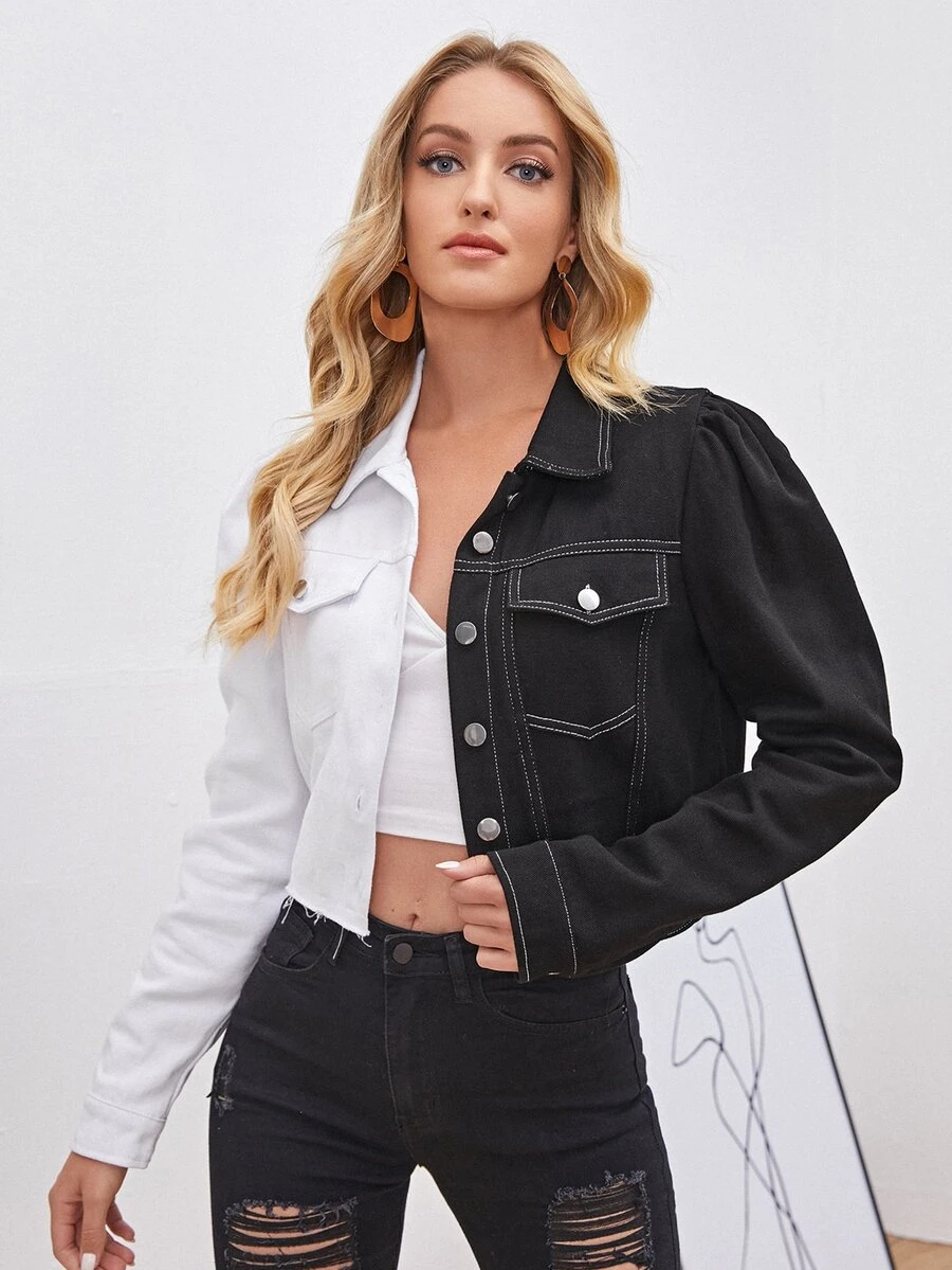 Chamarra denim de dos colores - Blanco y Negro - Ver 1