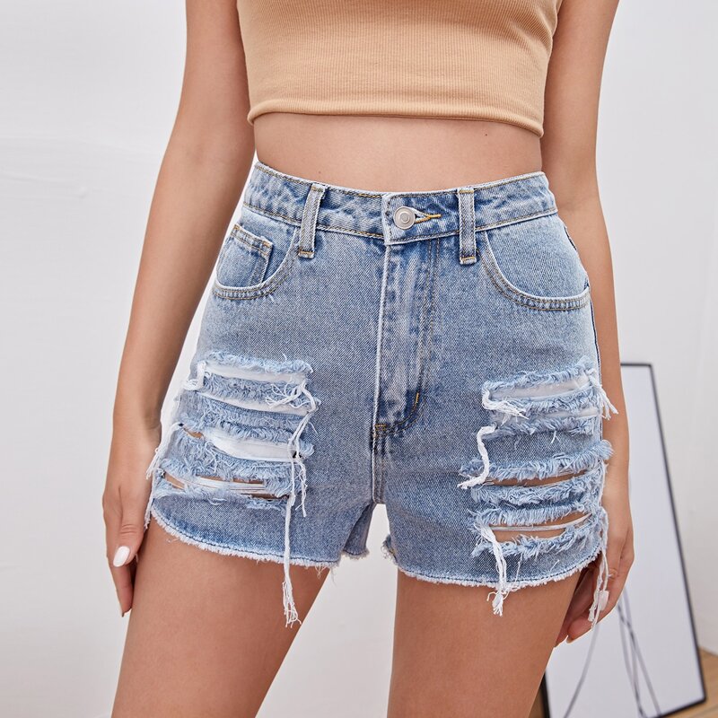 

Ripped Raw Hem Denim Shorts, Light wash