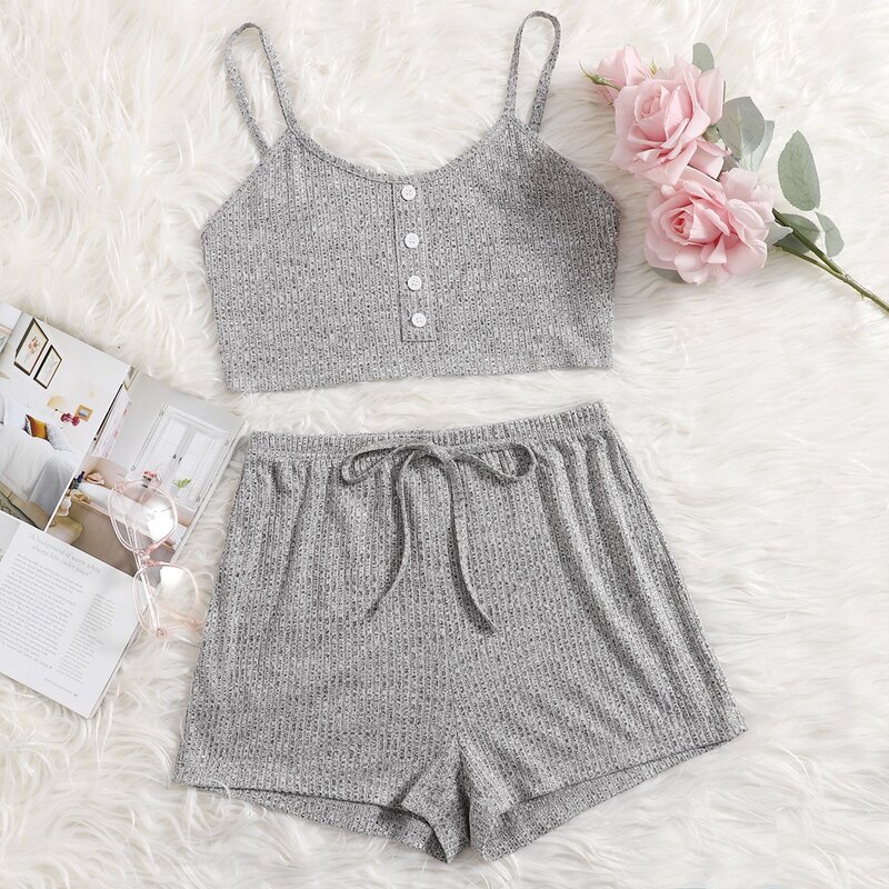 

Button Front Cami Top & Shorts Lounge Set, Grey