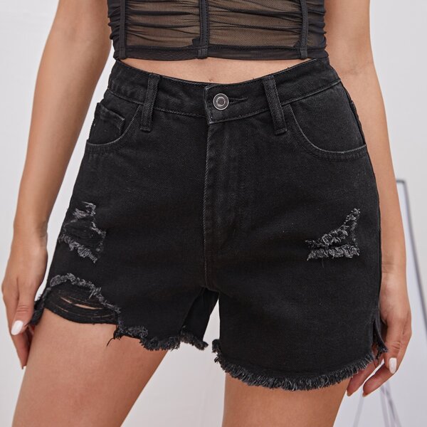 

Ripped Raw Hem Denim Shorts, Black