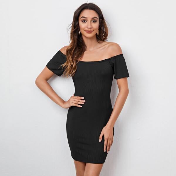 

Off Shoulder Rib-knit Bodycon Dress, Black