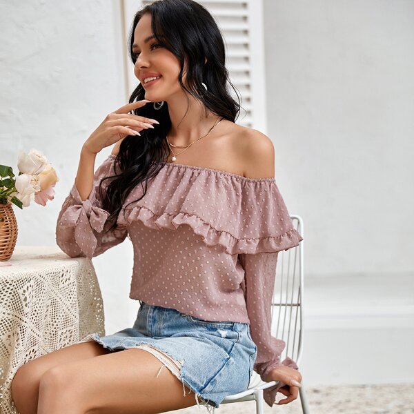 

Swiss Dot Bardot Knot Cuff Chiffon Blouse, Dusty pink