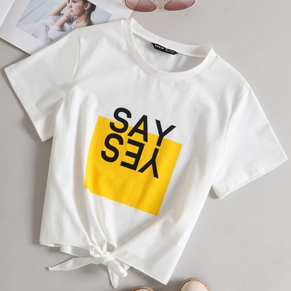 

Knotted Hem Letter Graphic Tee, White