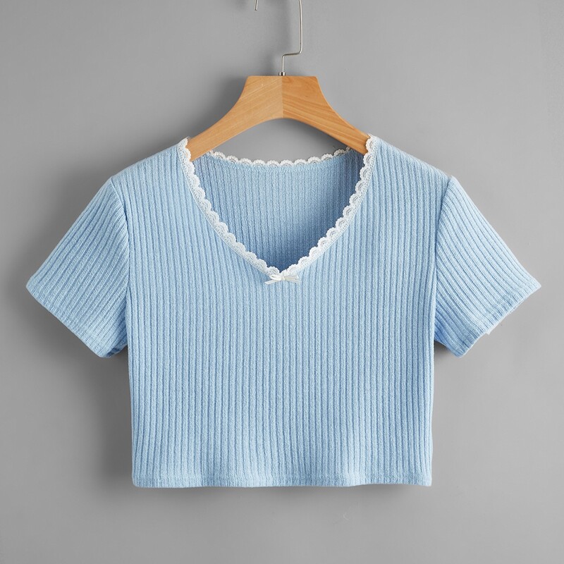 

Contrast Lace Ribbed Crop Tee, Baby blue