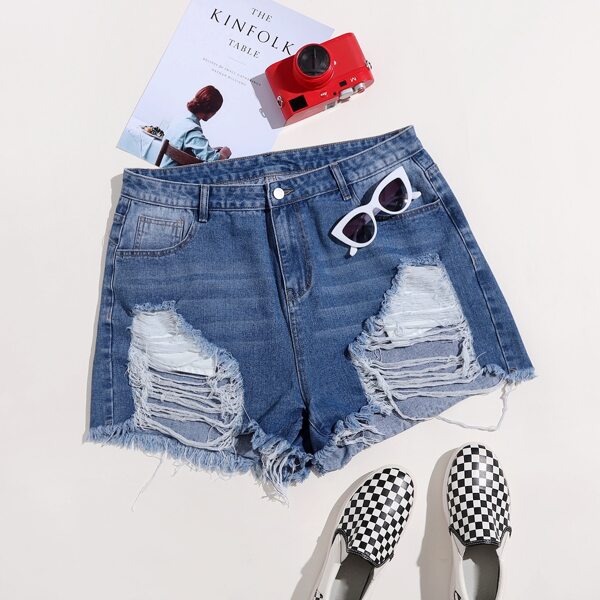 

Plus Raw Hem Ripped Denim Shorts, Medium wash