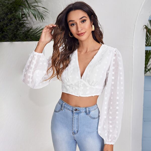 

Lantern Sleeve Swiss Dot Crop Blouse, White