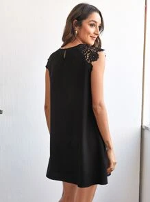 SHEIN LUNE Keyhole Back Guipure Lace Detail Dress - Black - View 2