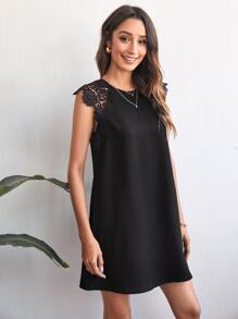 SHEIN LUNE Keyhole Back Guipure Lace Detail Dress - Black - View 3