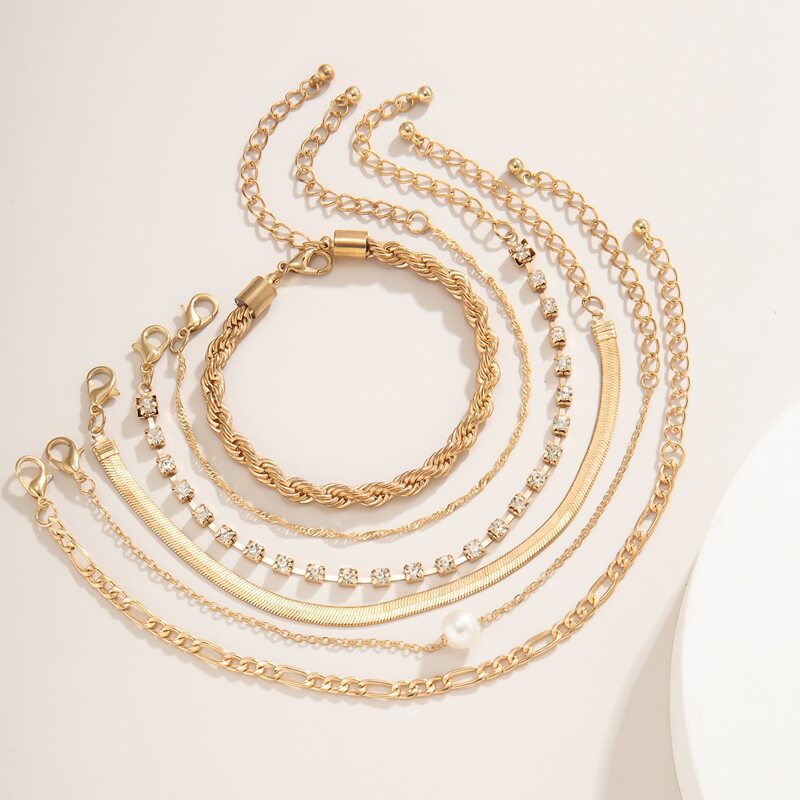 

6pcs Rhinestone & Faux Pearl Chain Bracelet, Gold