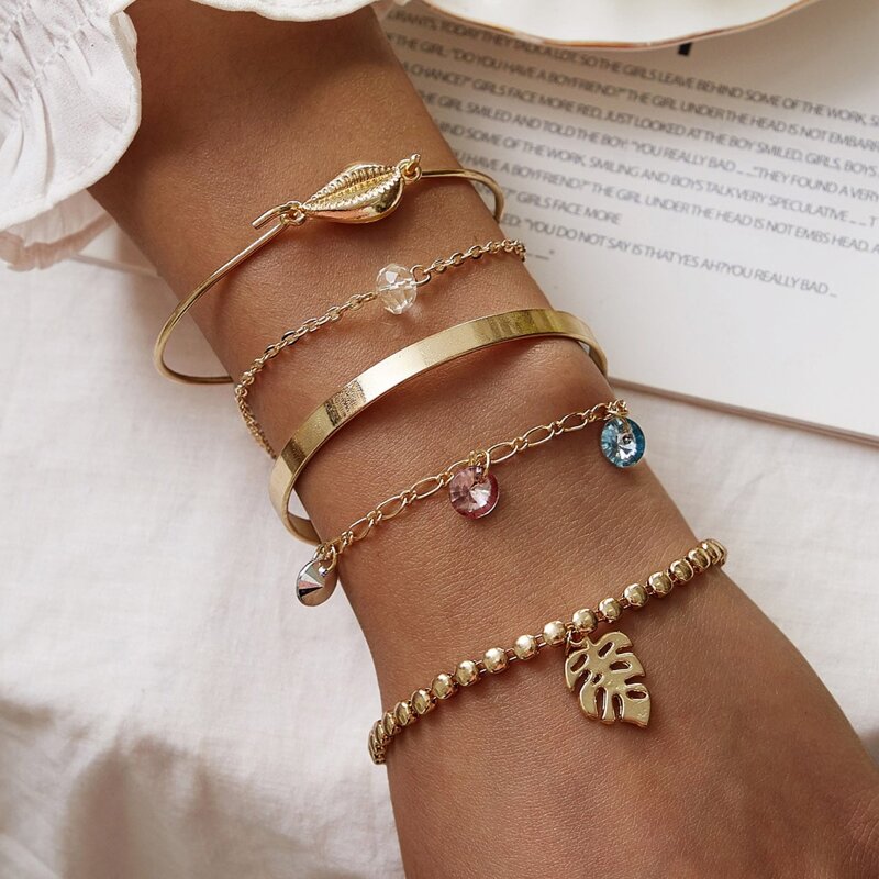 

5pcs Leaf & Crystal Bracelet, Gold