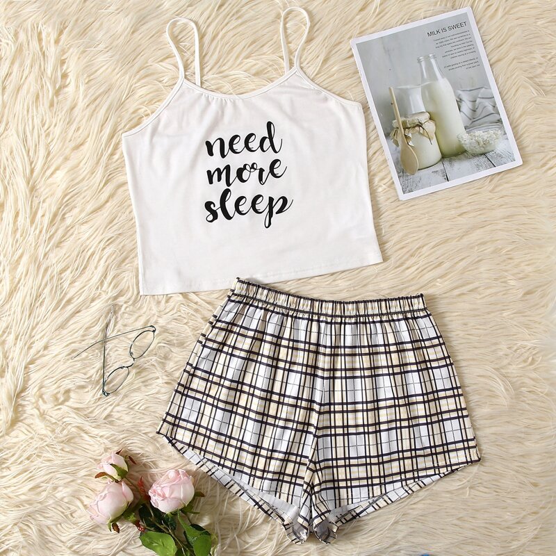 

Slogan & Plaid Pattern PJ Set, Multicolor