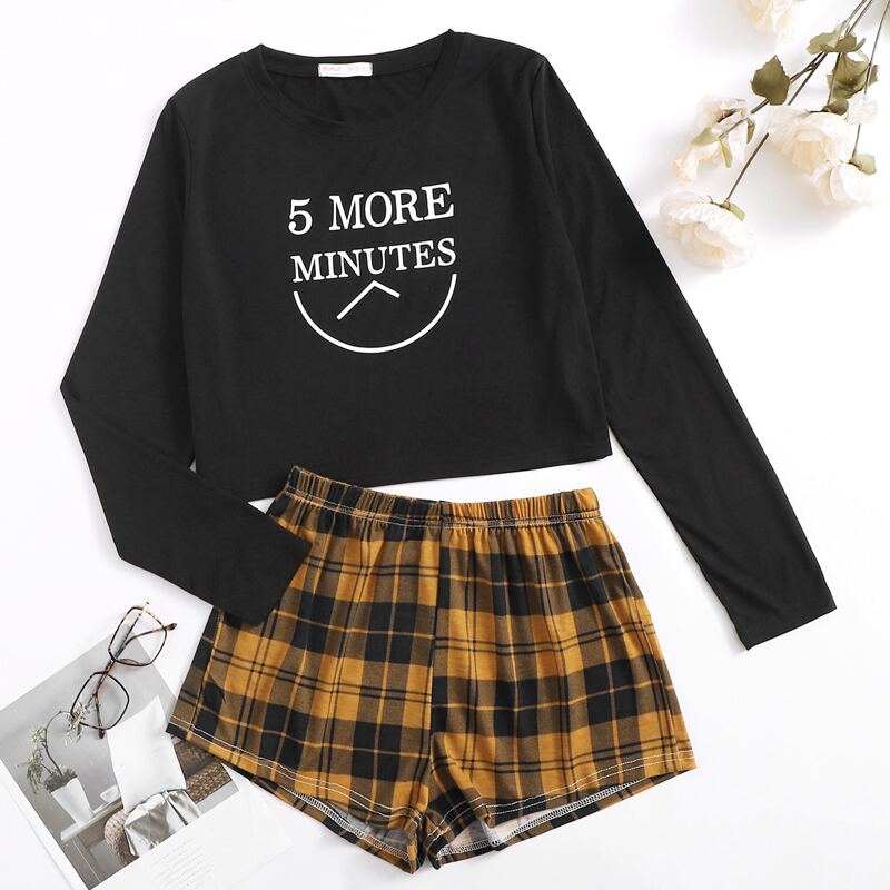 

Slogan Graphic Tee & Plaid Shorts PJ Set, Multicolor