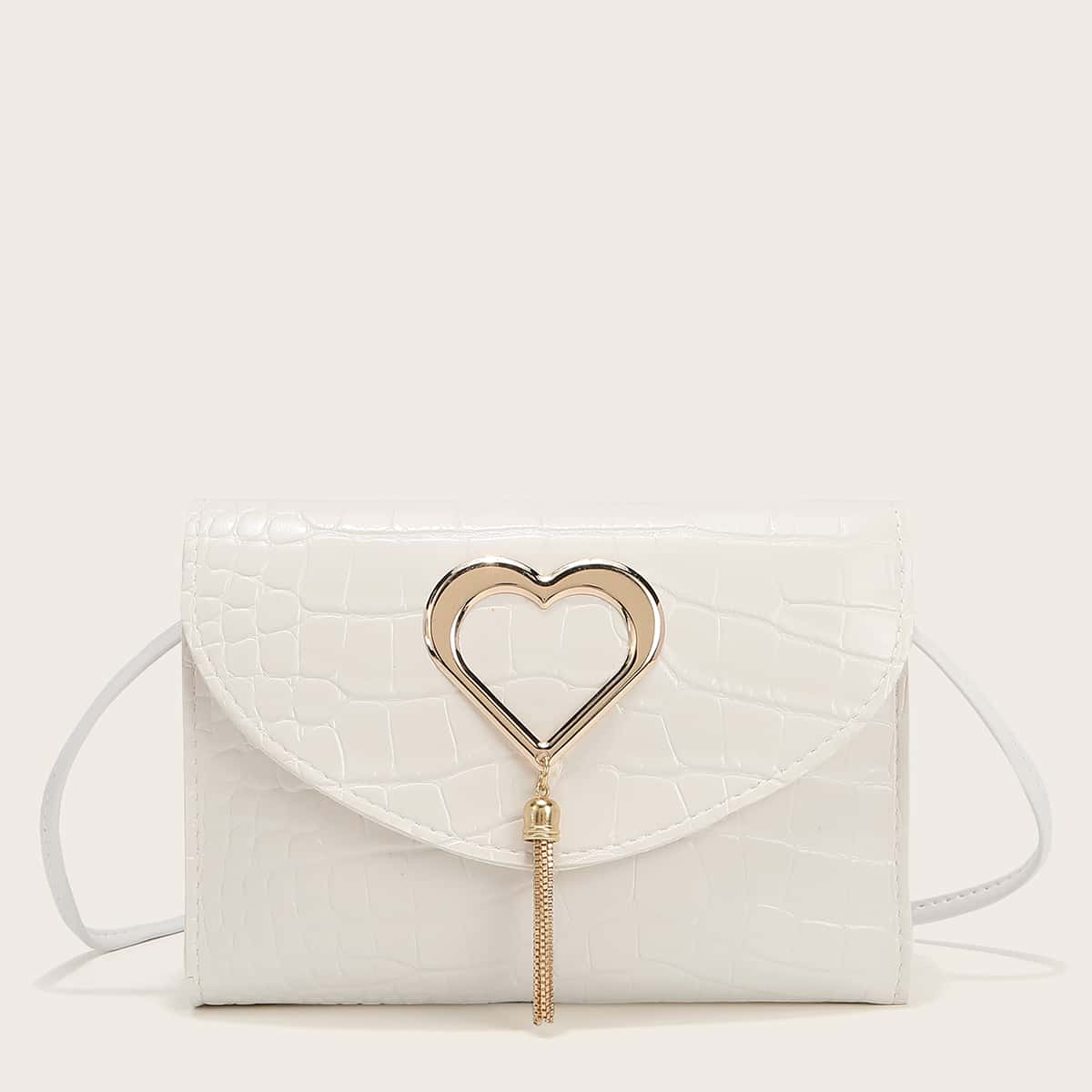 

Metal Heart Croc Effect Bag, White
