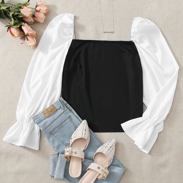 

Plus Square Neck Contrast Flounce Sleeve Blouse, Black and white