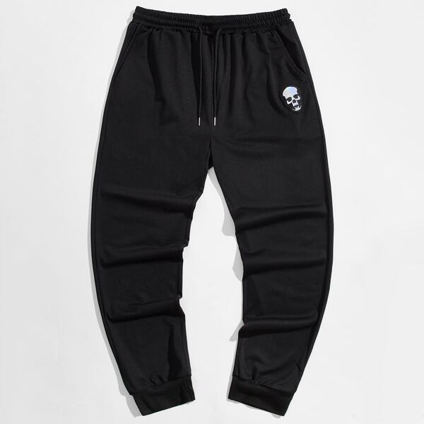 

Men Skull Patched Drawstring Waist Sweatpants, Black