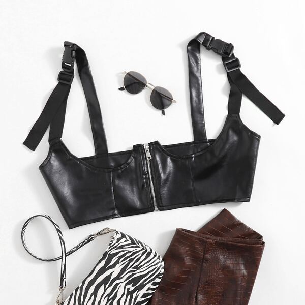 

Plus Buckle Tape Zip Up PU Leather Top, Black