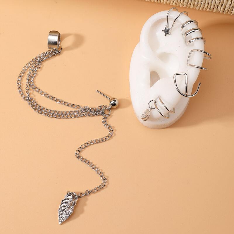 

6pcs Leaf & Star Decor Chain Earrings, Silver