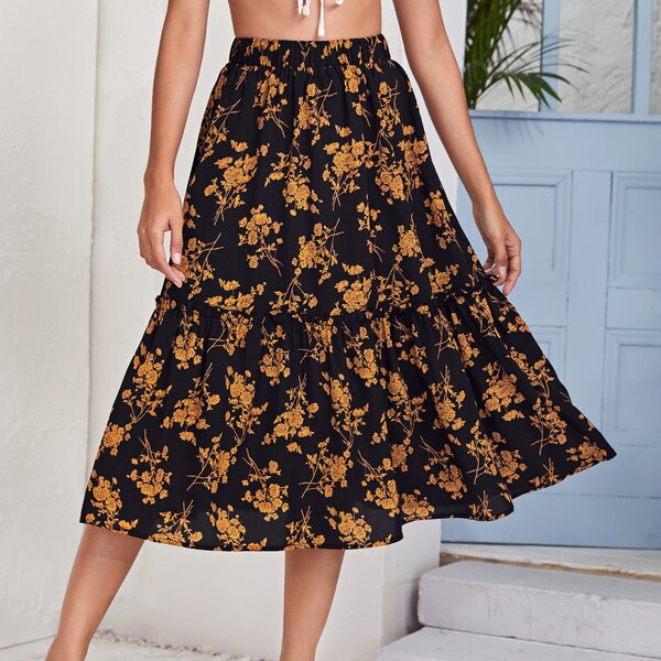 

Allover Floral Print Ruffle Hem Skirt, Multicolor