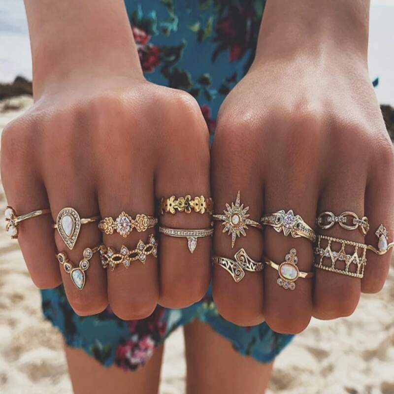 

14pcs Rhinestone & Star Decor Ring, Gold