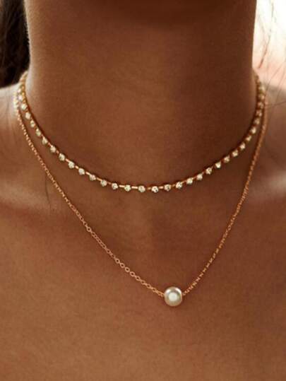 2pcs Rhinestone & Faux Pearl Decor Necklace