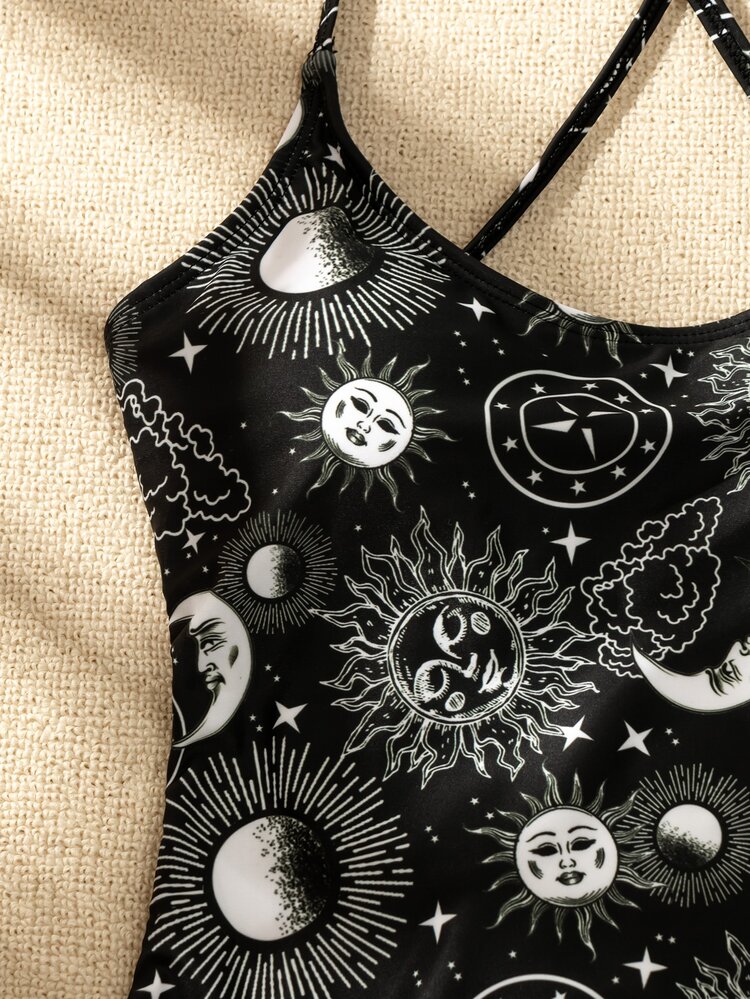Sun & Moon Print One Piece Swimsuit - Black and White - View 5