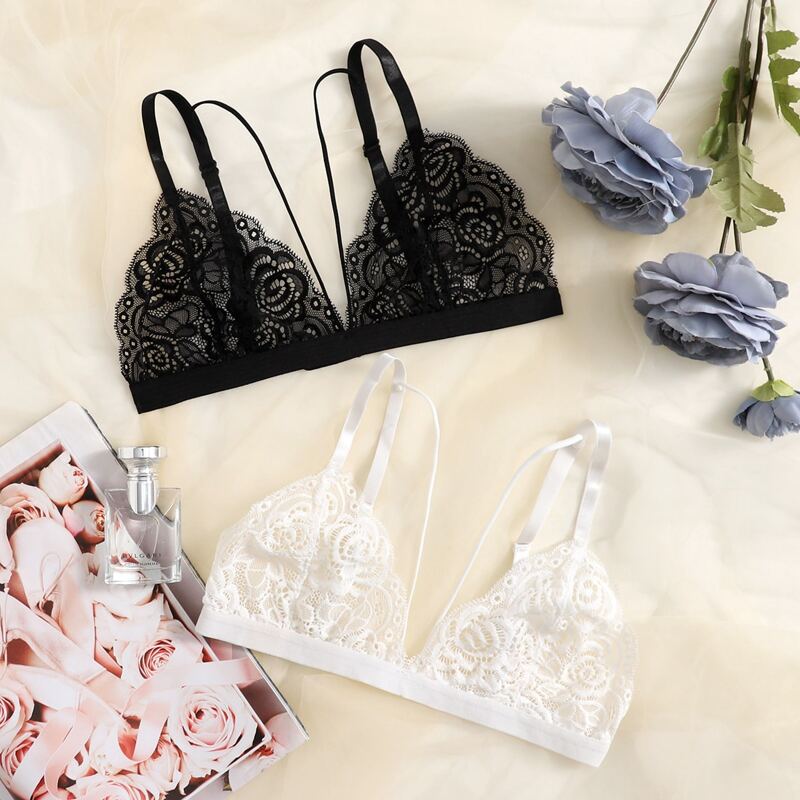 

2pack Floral Lace Bralette Set, Black and white