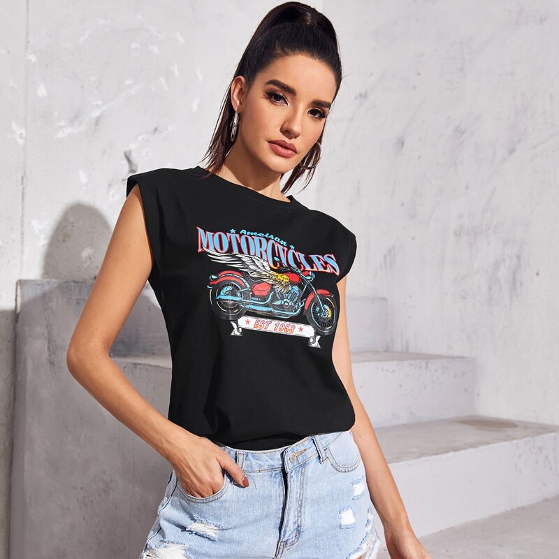 

Moto & Letter Graphic Tee With Shoulder Pad, Black