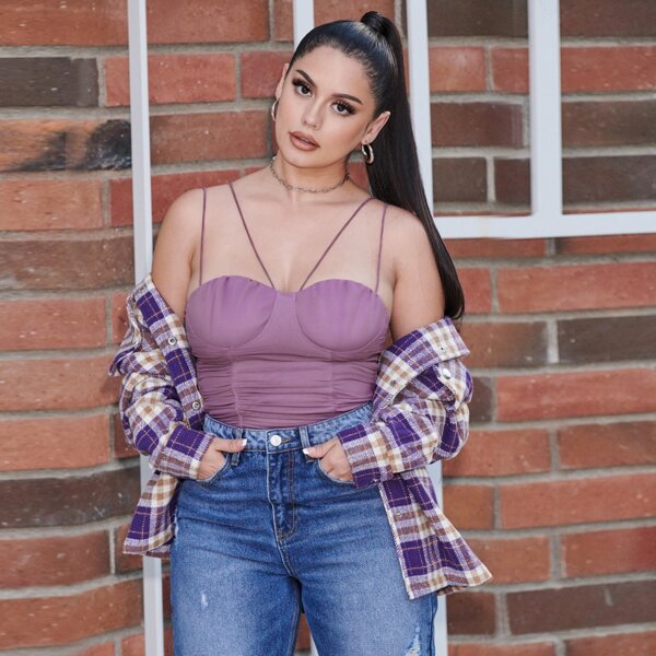 

Strap Neck Ruched Bustier Mesh Cami Top, Mauve purple