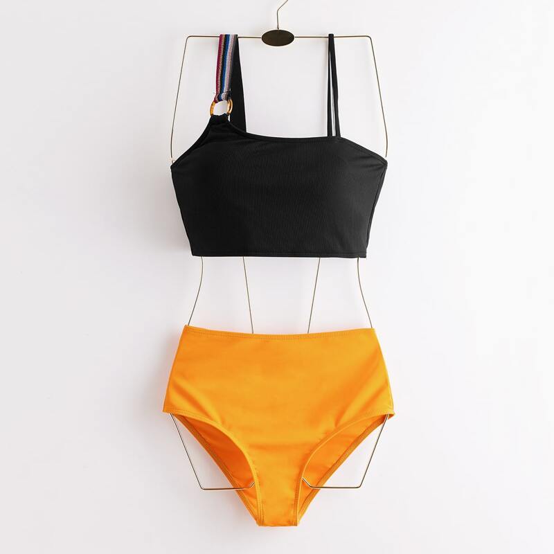 

Asymmetrical Straps High Waist Bikini Swimsuit, Multicolor