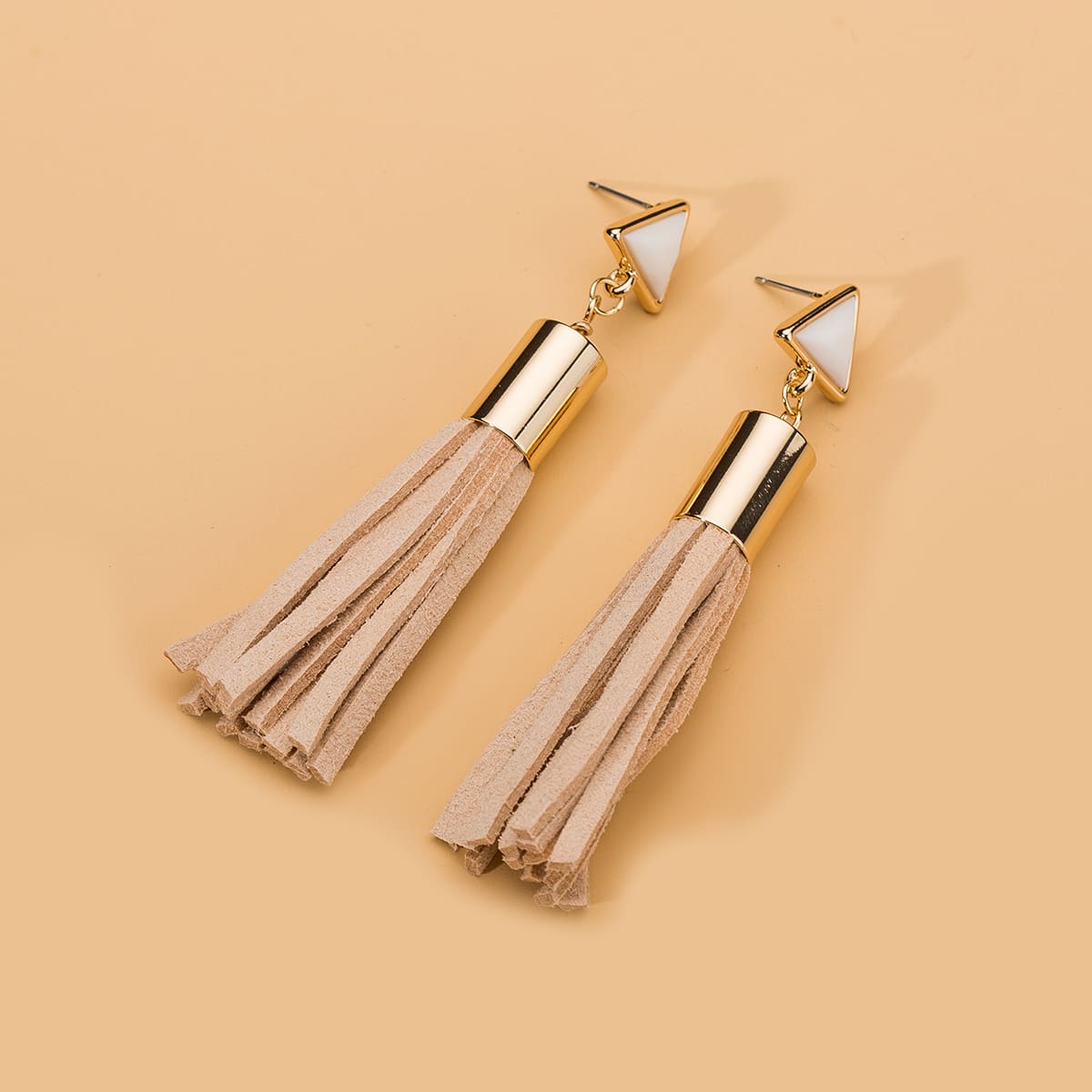 

Triangle & Fringe Drop Earrings, Beige