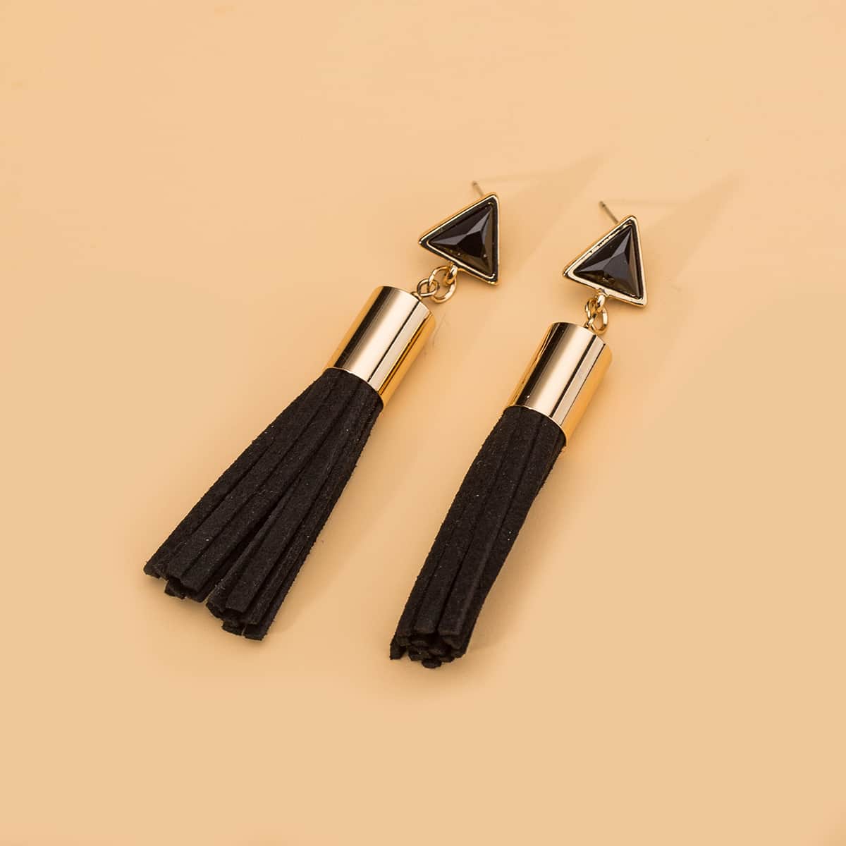 

Triangle & Fringe Drop Earrings, Black