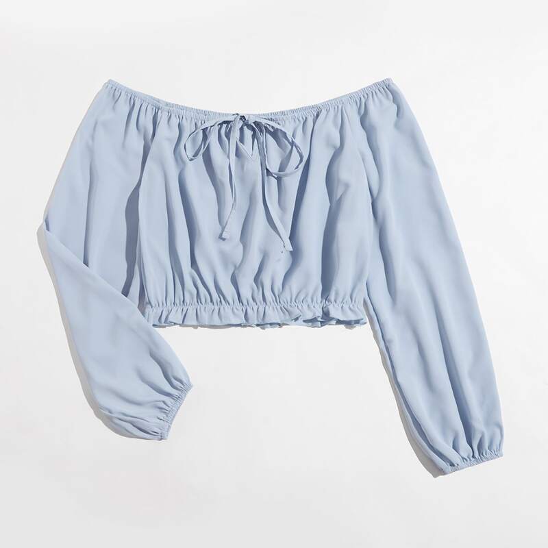 

Solid Frill Crop Blouse, Baby blue