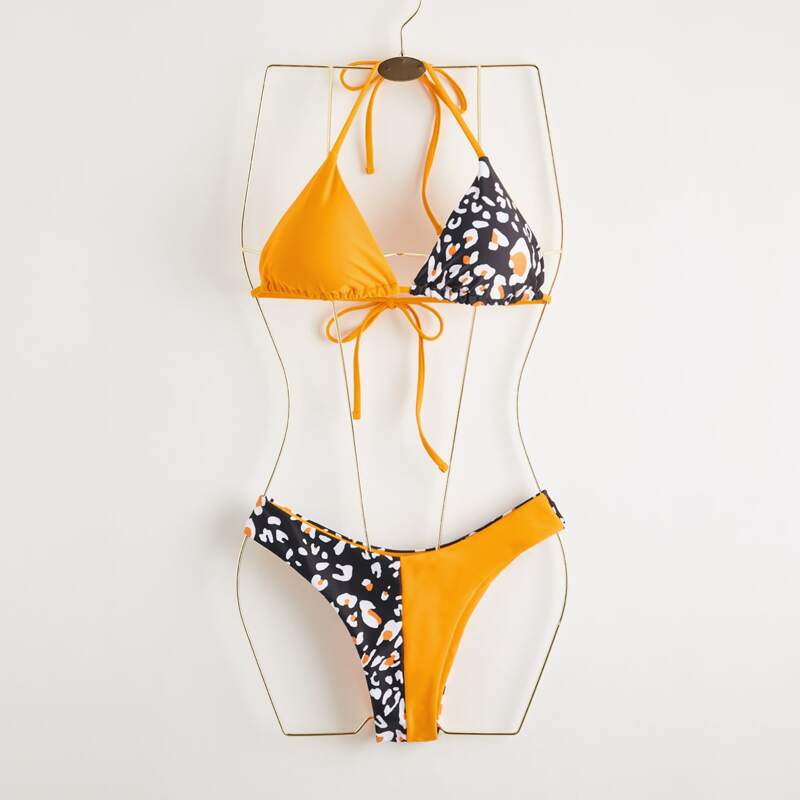 

Leopard Spliced Triangle Bikini Swimsuit, Multicolor