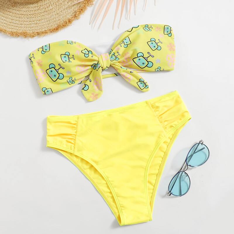 

Cartoon Print Knot Bikini Swimsuit, Yellow