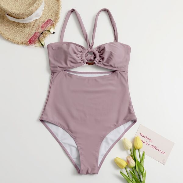 

Cut-out Ring Linked One Piece Swimsuit, Dusty pink