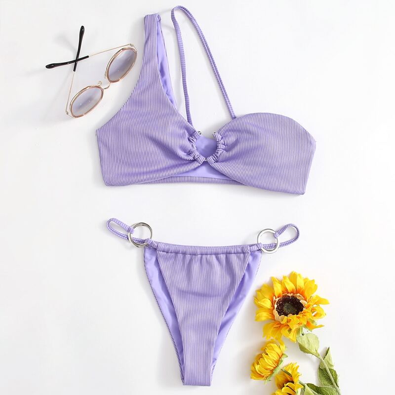 

Ring Decor One Shoulder Bikini Swimsuit, Purple