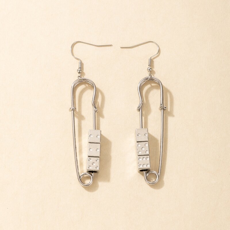 

Safety Pin & Dice Drop Earrings, Silver