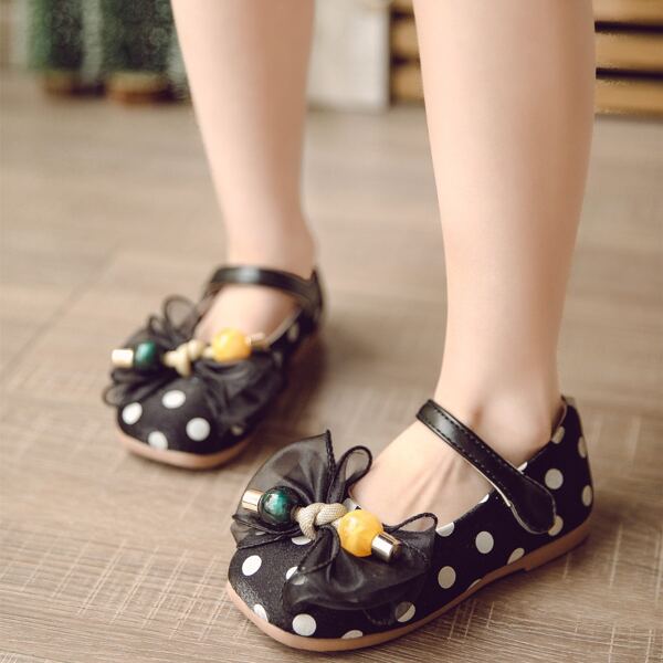 

Girls Bow Decor Polka Dot Flats, Black