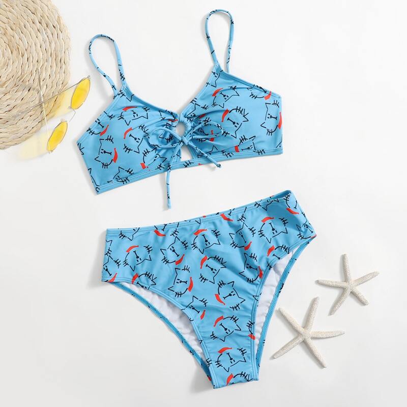 

Cartoon Cat Print Bikini Swimsuit, Blue