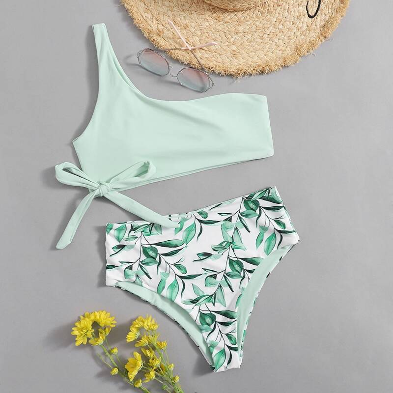 

Leaf Print One Shoulder Bikini Swimsuit, Green